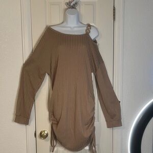 Elegant Tan Long Sleeve Dress with Cold Shoulder detail